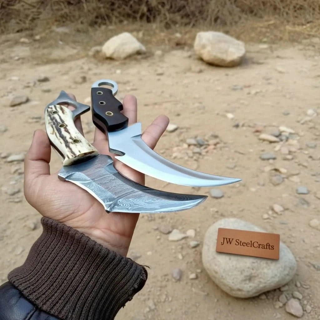Damascus Steel Karambit Pair, Stag Horn &amp; Wood Handle, 9-inch Blade handmade karambit knife by JW SteelCrafts