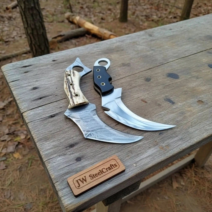 Damascus Steel Karambit Pair, Stag Horn &amp; Wood Handle, 9-inch Blade handmade karambit knife by JW SteelCrafts