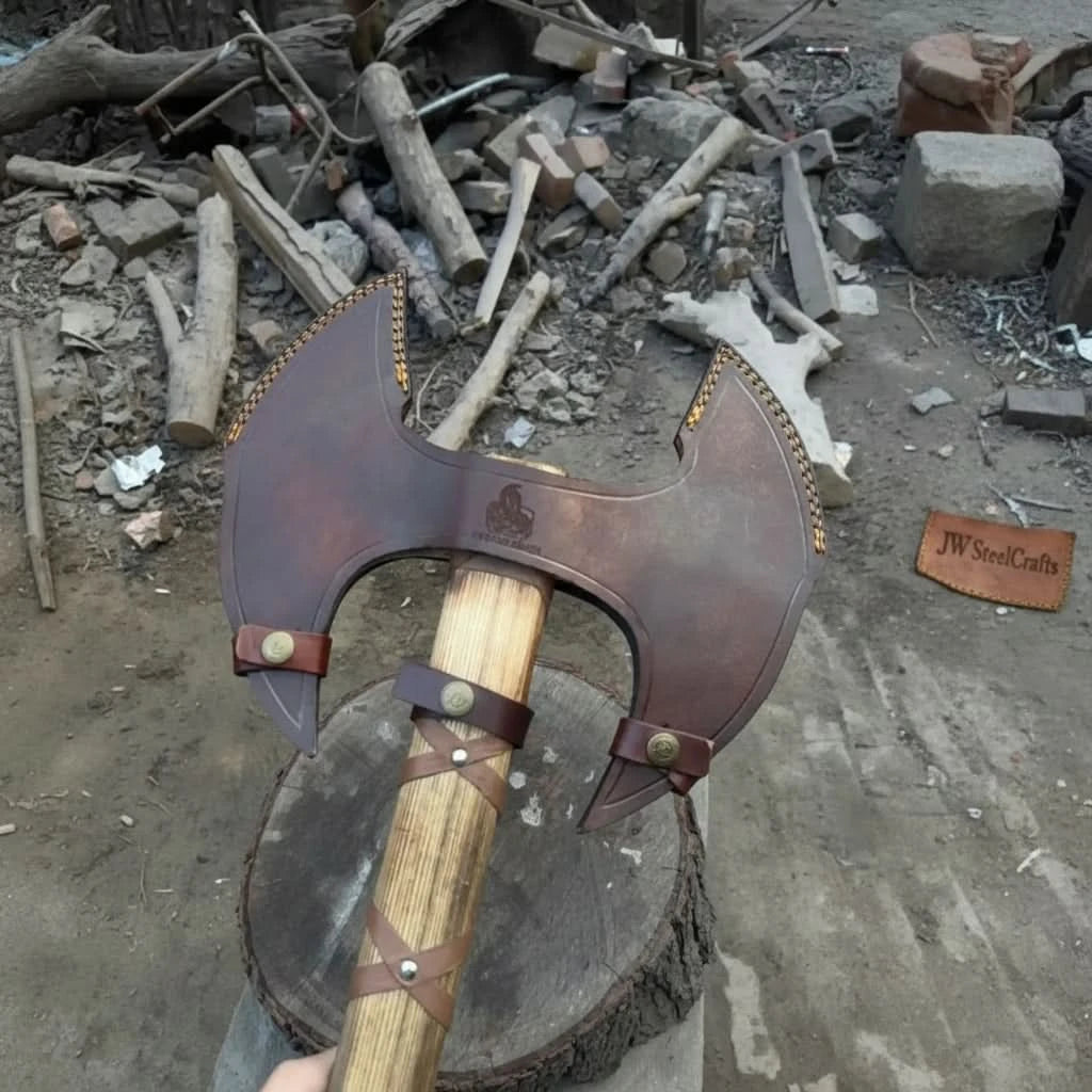Longthorn-themed Nordic warrior axe with dual curved steel blades and decorative leather strap handle.