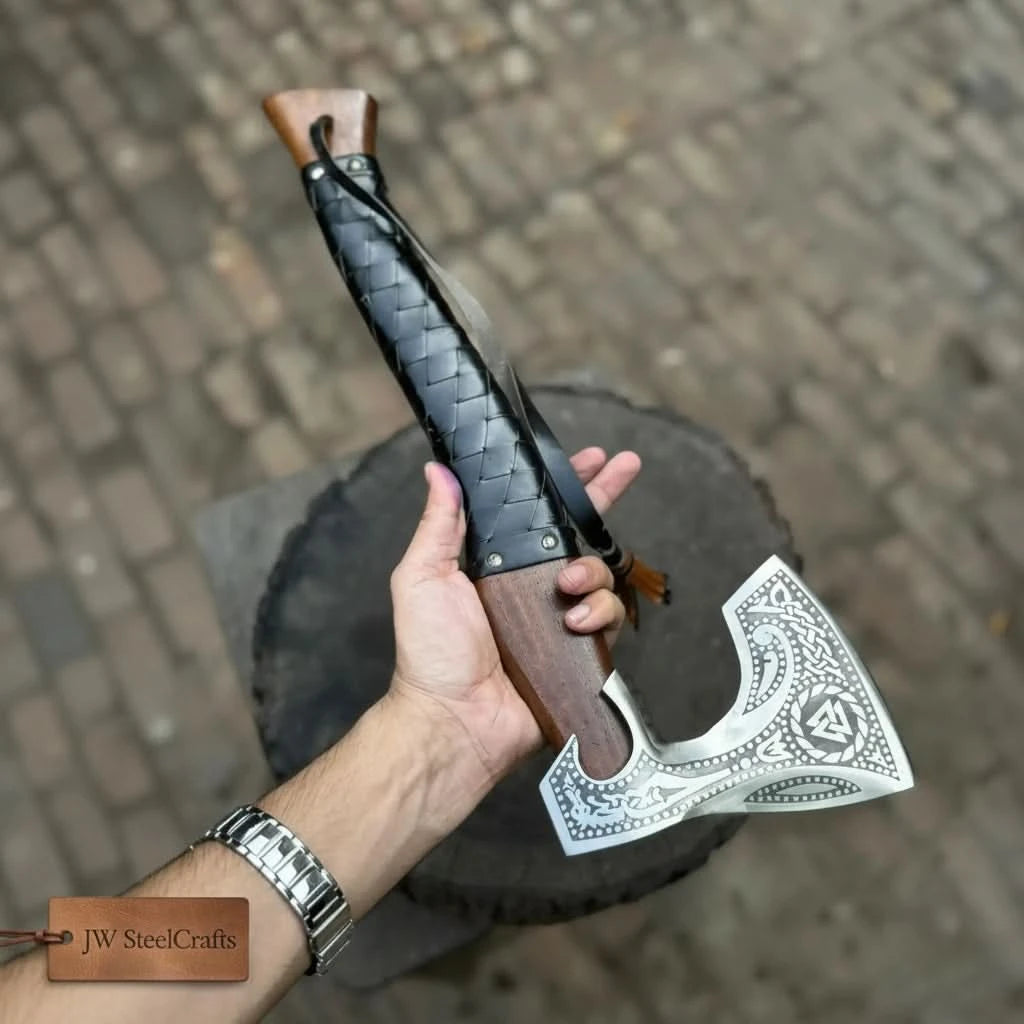 Longfang-themed Nordic battle weapon showcasing handcrafted axe craftsmanship and rustic leather carrying sheath.