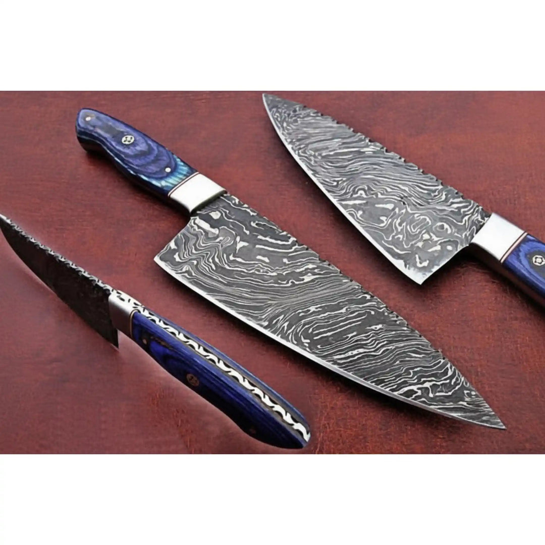 Kiritsuke - Style Damascus Chef Knife with Blue Wood Handle and Steel Bolster handmade Chef Knives by JW SteelCrafts