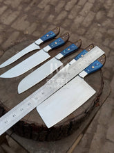 Load image into Gallery viewer, Handmade Damascus Kitchen Knife Set – 5 Piece Chef &amp; Butcher Collection with Blue &amp; Wood Handles