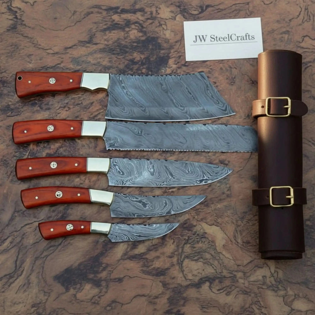Handmade Damascus Steel Kitchen Knife Set with Leather Roll - 5 Pieces handmade Handmade Chef Knife Sets by JW SteelCrafts