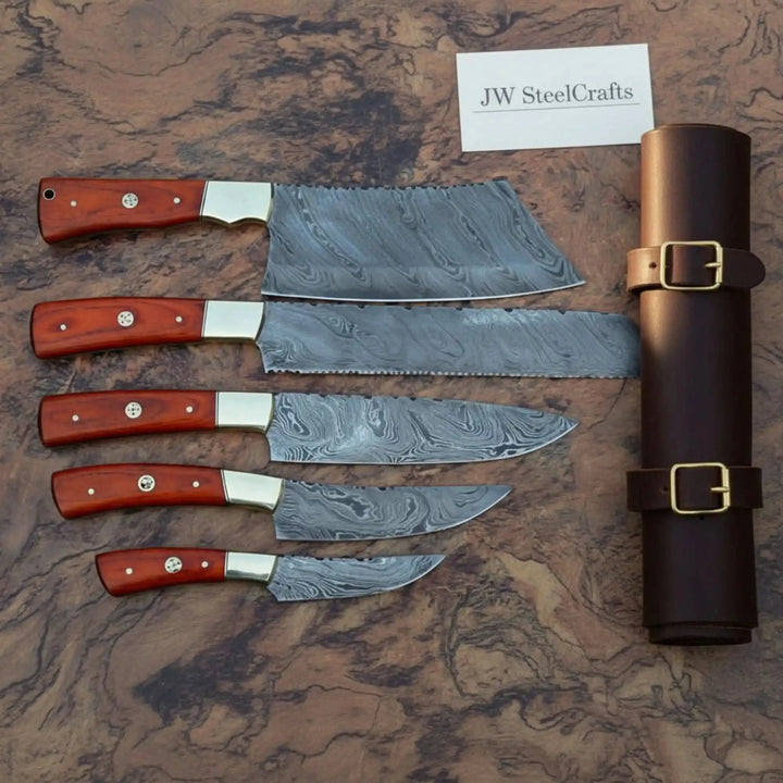 Handmade Damascus Steel Kitchen Knife Set with Leather Roll - 5 Pieces handmade Handmade Chef Knife Sets by JW SteelCrafts