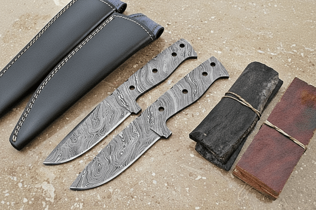 Full tang skinner blanks in Damascus steel with black stitched leather sheaths and separate handle scale blanks.