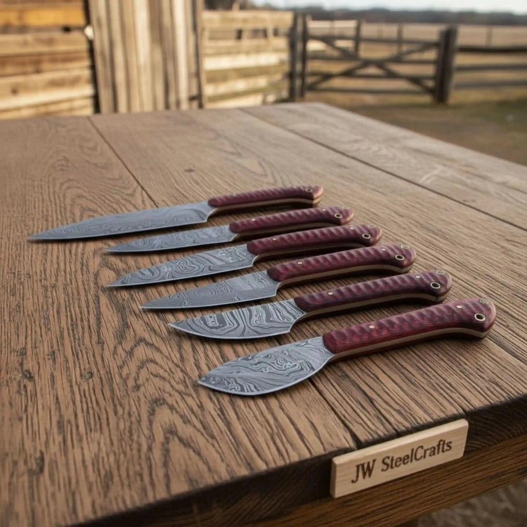 Blade chef knife collection featuring utility and slicing knives with red grips.