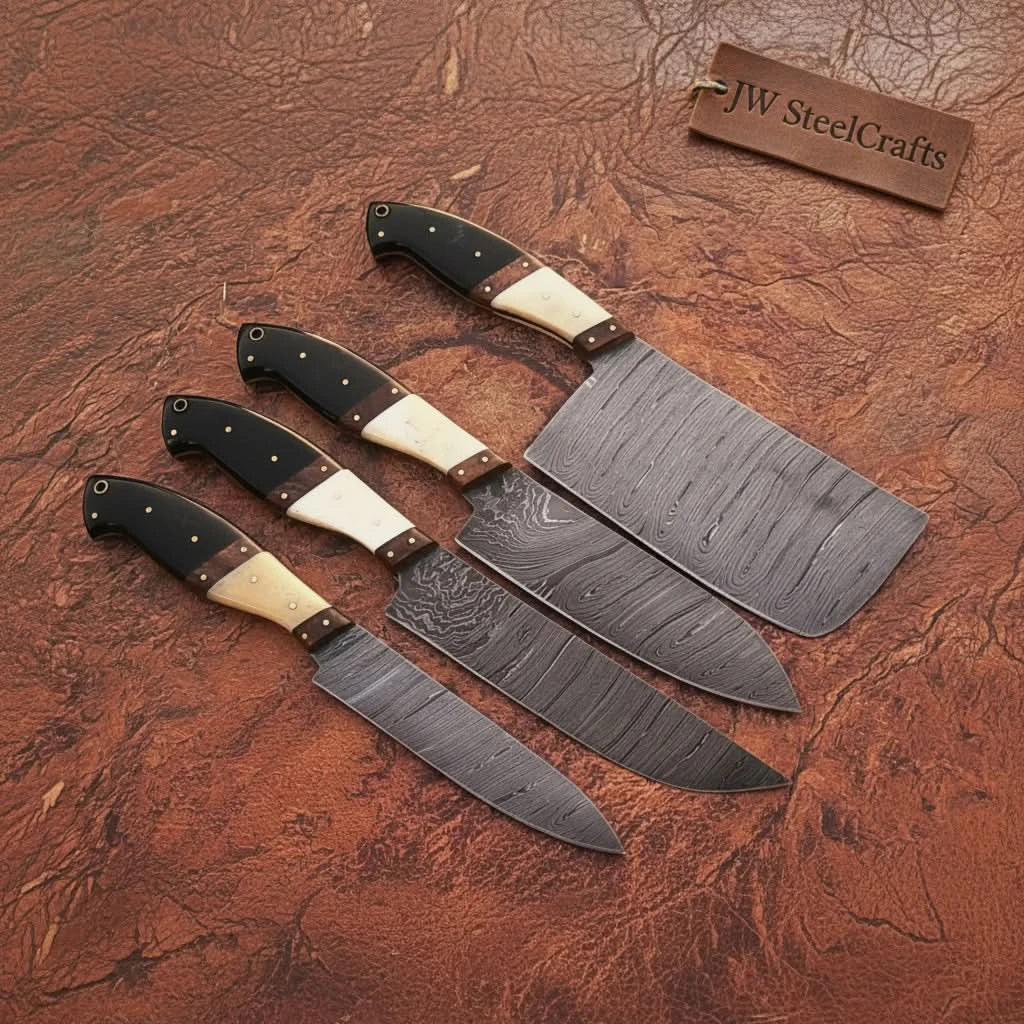 Layered steel kitchen knife set featuring heavy blade styles and dark ergonomic handles.