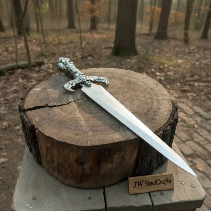    Framed by a natural forest backdrop, the decorative dagger showcases detailed hilt craftsmanship.