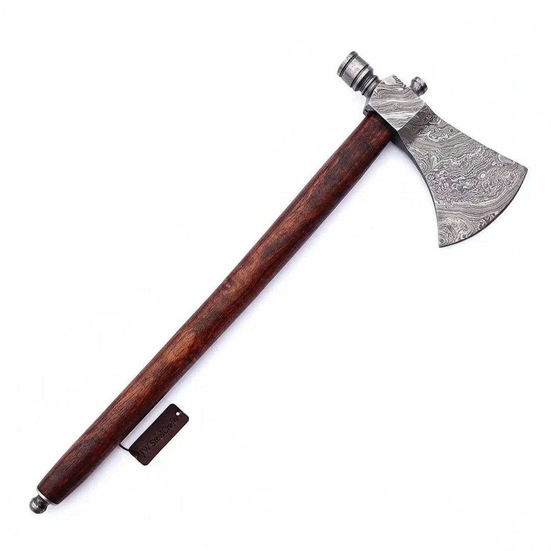     Lumberjack-themed Damascus pipe axe displaying engraved steel blade and artisan wooden handle styling.