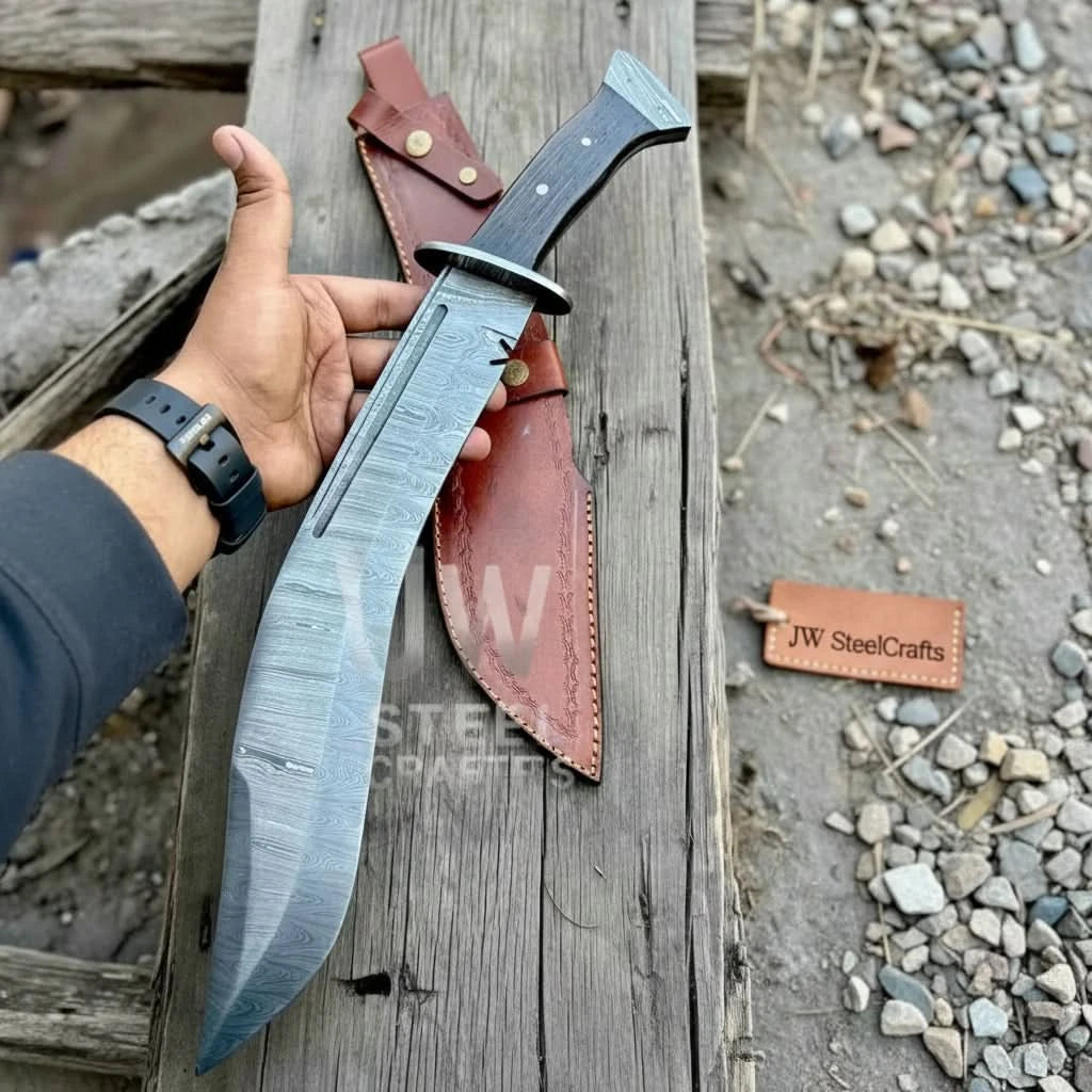 Black handle Damascus kukri with brown leather sheath, silver guard, full tang construction, and wood plank background.