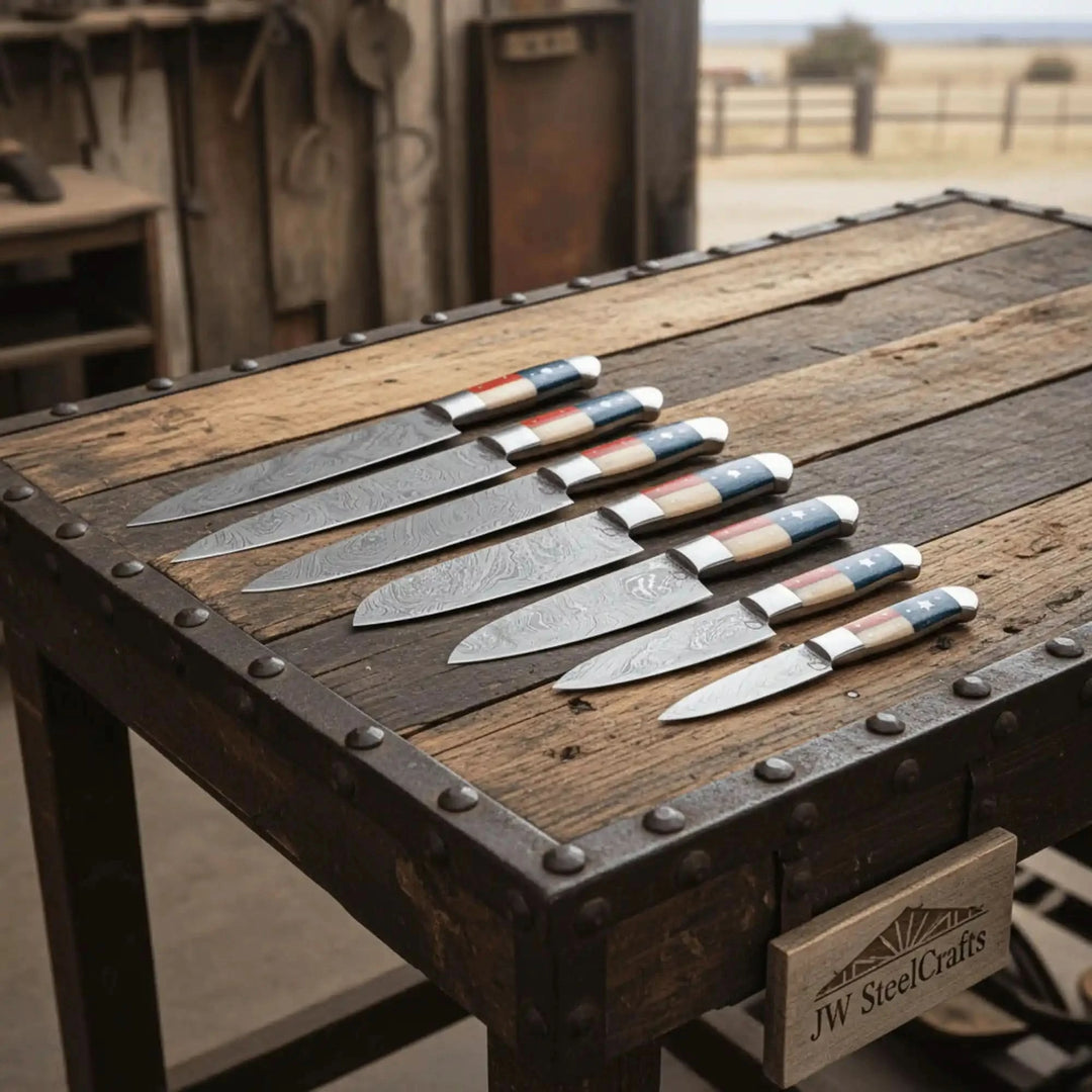 Damascus steel kitchen knives with patriotic red, white, and blue handles arranged on rustic industrial workbench outdoors.