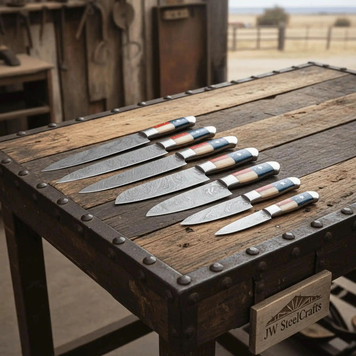 Damascus steel kitchen knives with patriotic red, white, and blue handles arranged on rustic industrial workbench outdoors.