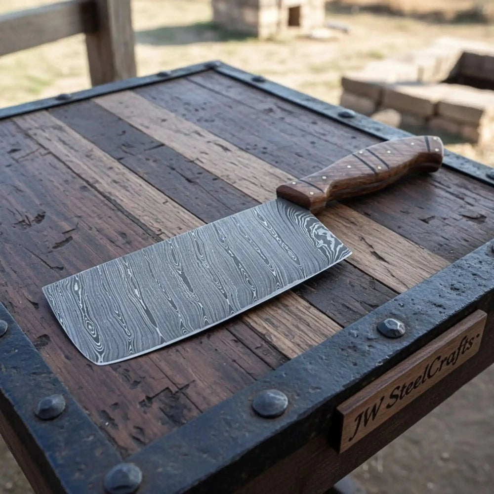 Rustic industrial knife presentation showcasing handcrafted craftsmanship and decorative layered steel wave patterns.