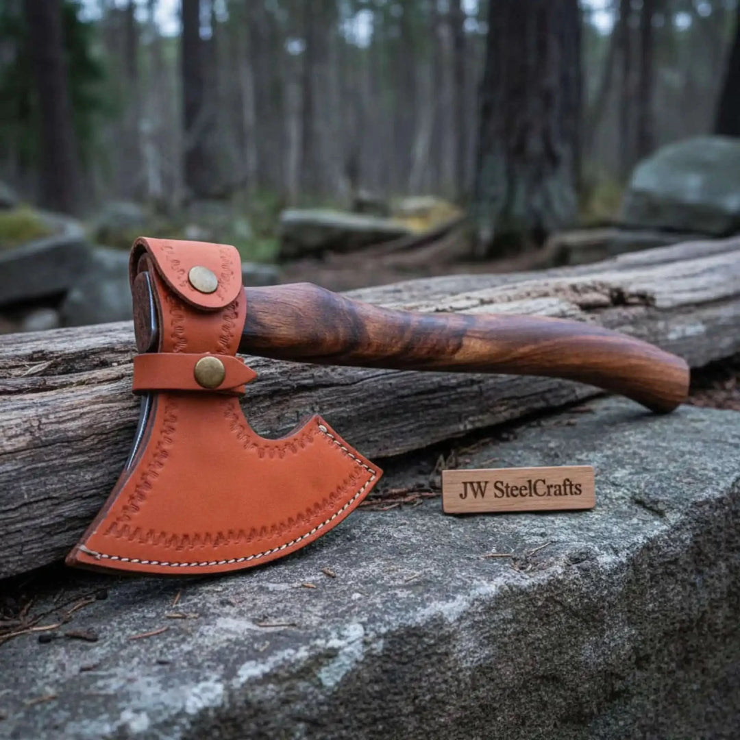 Camping axe with brown leather blade cover and decorative stitching displayed on rustic woodland logs.
