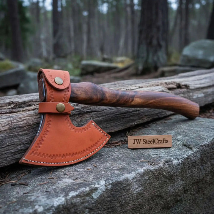 Camping axe with brown leather blade cover and decorative stitching displayed on rustic woodland logs.