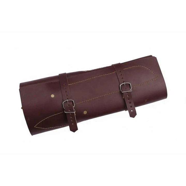 Artisan leather knife roll holder featuring smooth leather texture and buckle closures.