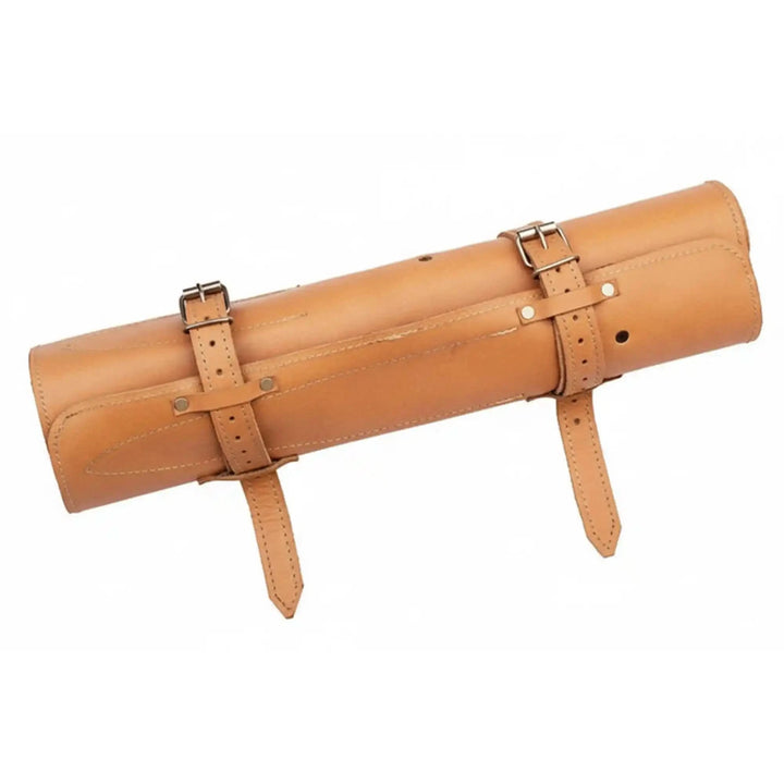 Closed tan genuine leather knife roll case with double buckle straps for JW SteelCrafts 9-piece Damascus knife set