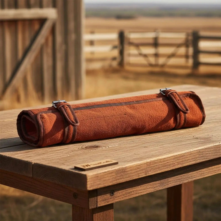 Suede leather chef knife holder with rolled design and adjustable buckle straps.