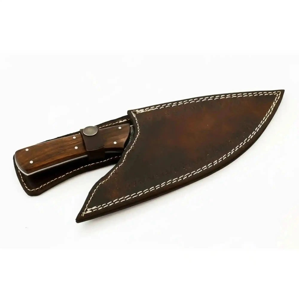 Polished Damascus blade sheath photo showing wood handle and brown leather stitching