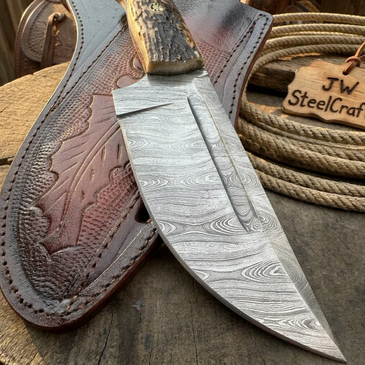 Stag Handle Hunting Knife Stainless Steel or Damascus Blade