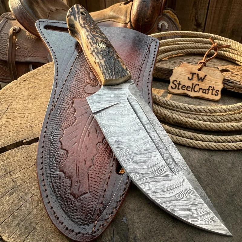 Stag Handle Hunting Knife Stainless Steel or Damascus Blade