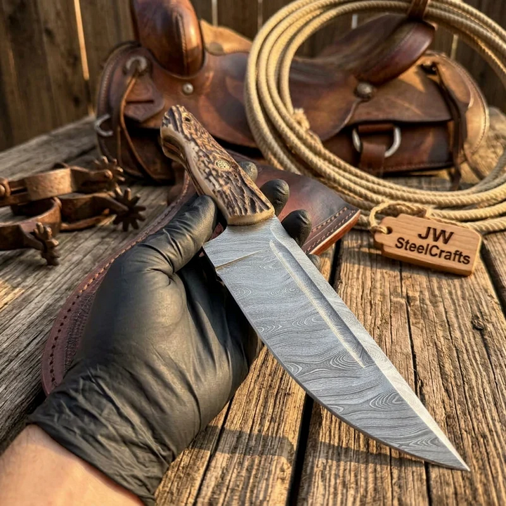 Stag Handle Hunting Knife Stainless Steel or Damascus Blade