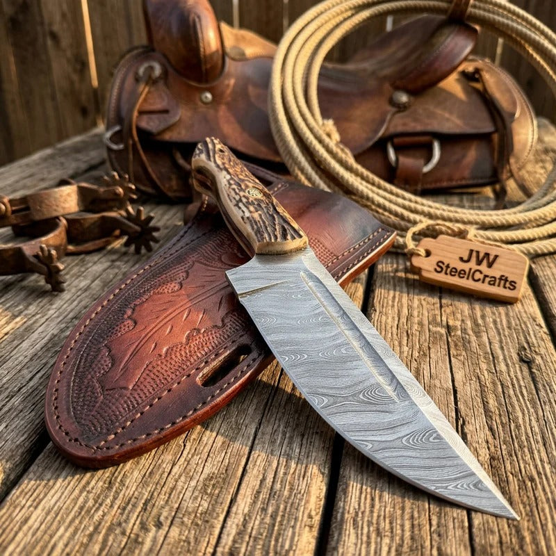 Stag Handle Hunting Knife Stainless Steel or Damascus Blade