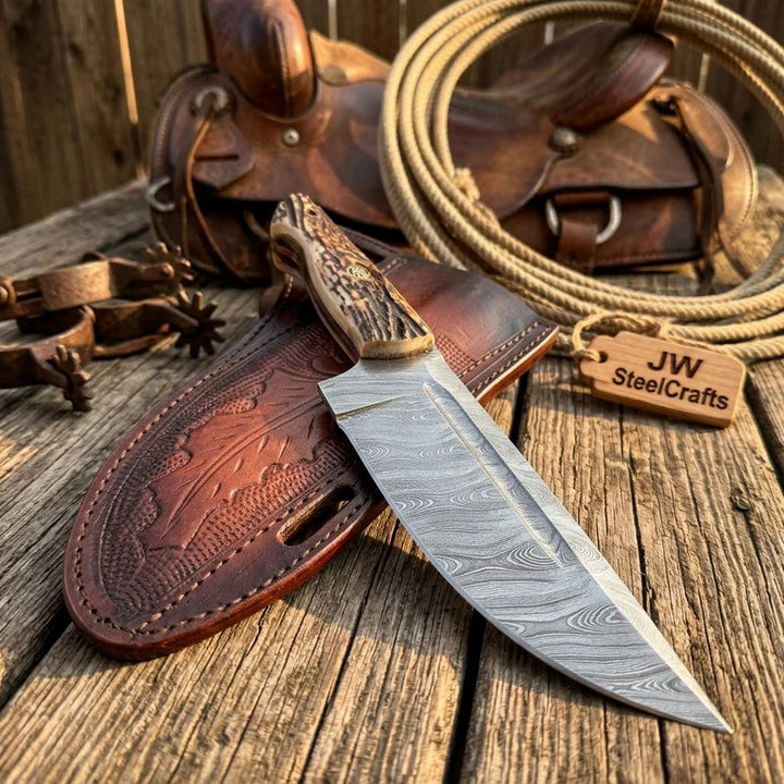 Stag Handle Hunting Knife Stainless Steel or Damascus Blade
