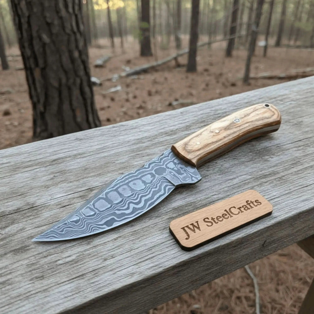Polished Damascus blade knife with wood handle, decorative wave pattern, lanyard hole, and woodland product photo.