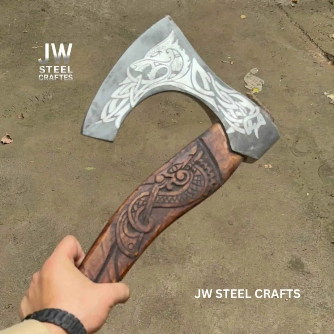 Moonfang-inspired Viking combat weapon showcasing artistic Nordic carvings and polished engraved steel blade.