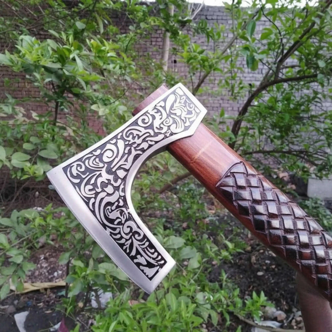 Traditional Viking Skeggøx Bearded Axe – Etched Steel Blade with Sculpted Wood Shaft handmade Handmade Axe 