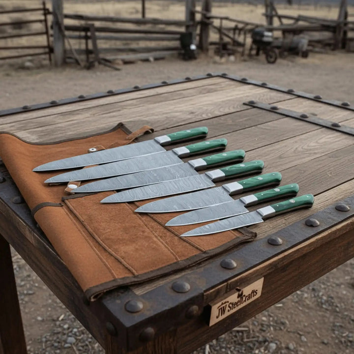 Handmade Damascus chef cutlery featuring polished metallic bolsters and vivid green woodgrain handles with riveted detailing.