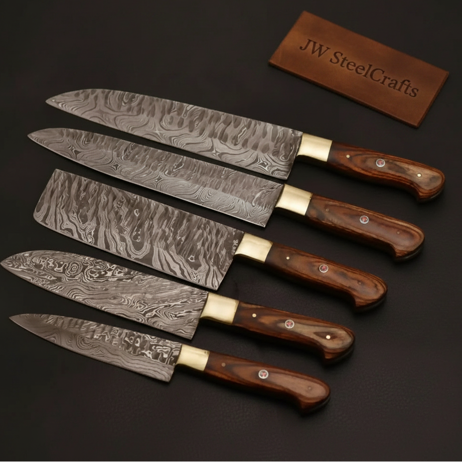 Rustic modern chef knife set featuring cleaver style blade, slicing knives, and compact utility blades.