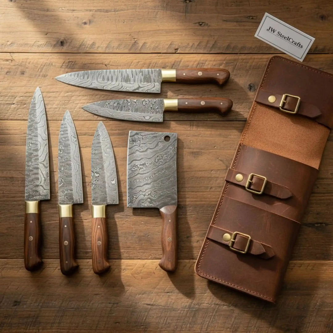 Elegantly displayed beside a premium leather knife roll on a rustic wooden surface, reflecting timeless artisan craftsmanship.