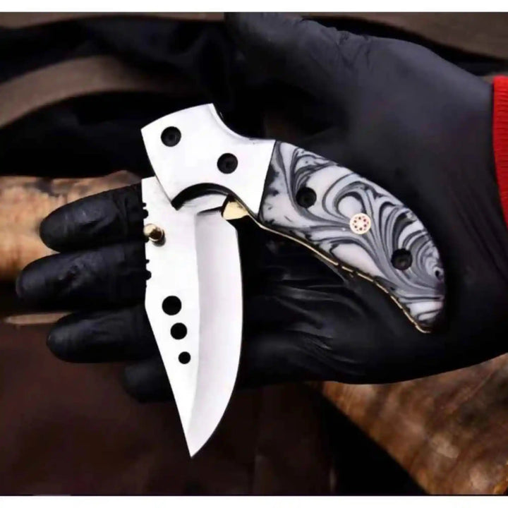 Marble Resin Handle Folding Pocket Knife w/ Leather Sheath | JW SteelCrafts handmade Liner Lock Folder by JW SteelCrafts
