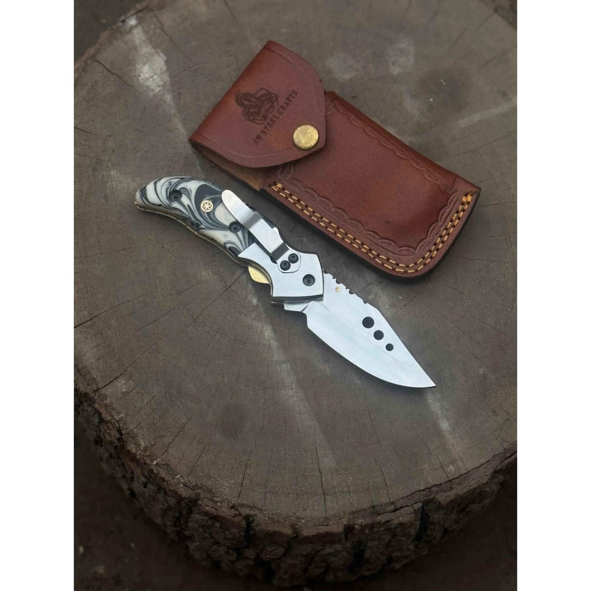 Marble Resin Handle Folding Pocket Knife w/ Leather Sheath | JW SteelCrafts handmade Folding Knives by JW SteelCrafts