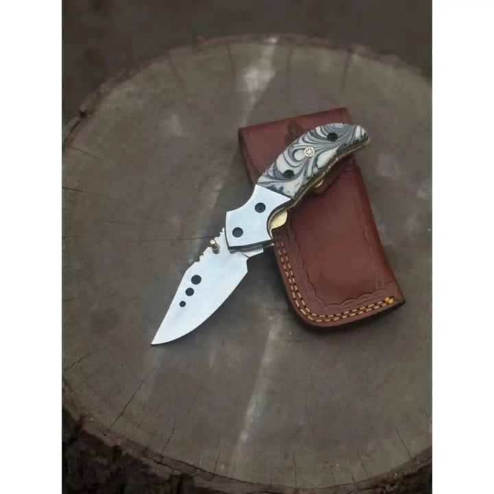 Marble Resin Handle Folding Pocket Knife w/ Leather Sheath | JW SteelCrafts handmade Liner Lock Folder by JW SteelCrafts