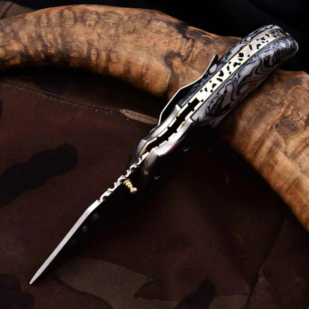 Marble Resin Handle Folding Pocket Knife w/ Leather Sheath | JW SteelCrafts handmade Liner Lock Folder by JW SteelCrafts