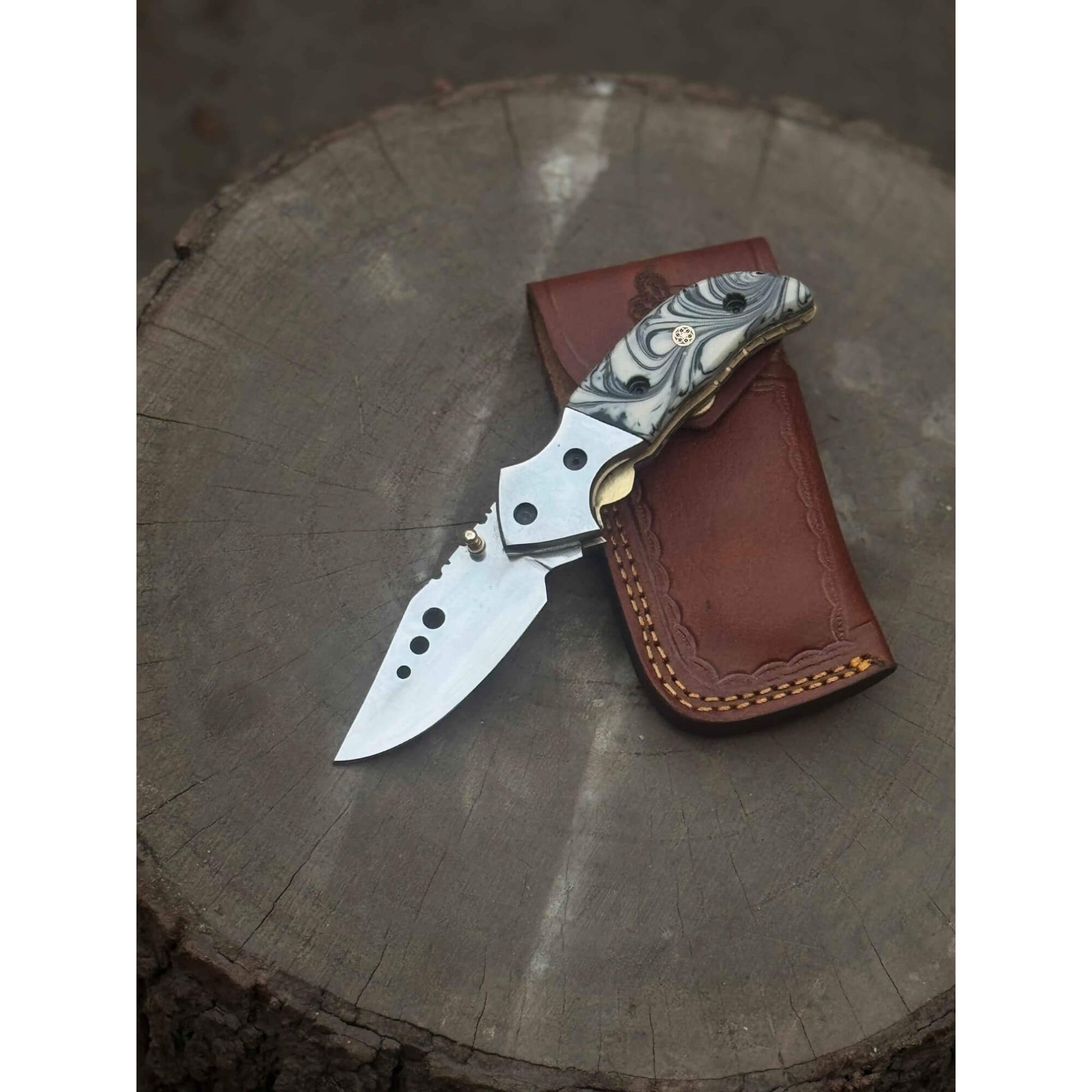 Marble Resin Handle Folding Pocket Knife w/ Leather Sheath | JW SteelCrafts handmade Folding Knives by JW SteelCrafts