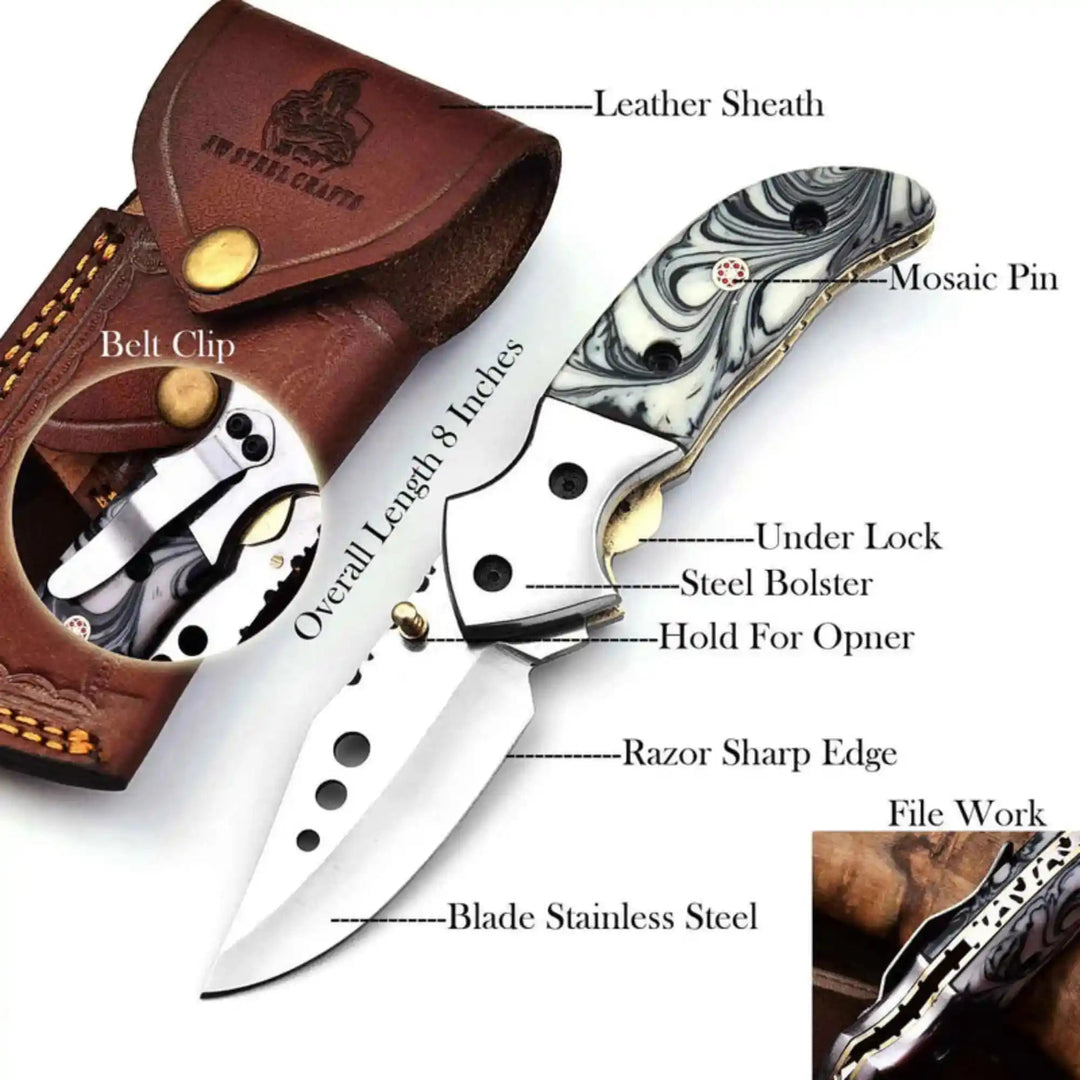 Marble Resin Handle Folding Pocket Knife w/ Leather Sheath | JW SteelCrafts handmade Liner Lock Folder by JW SteelCrafts