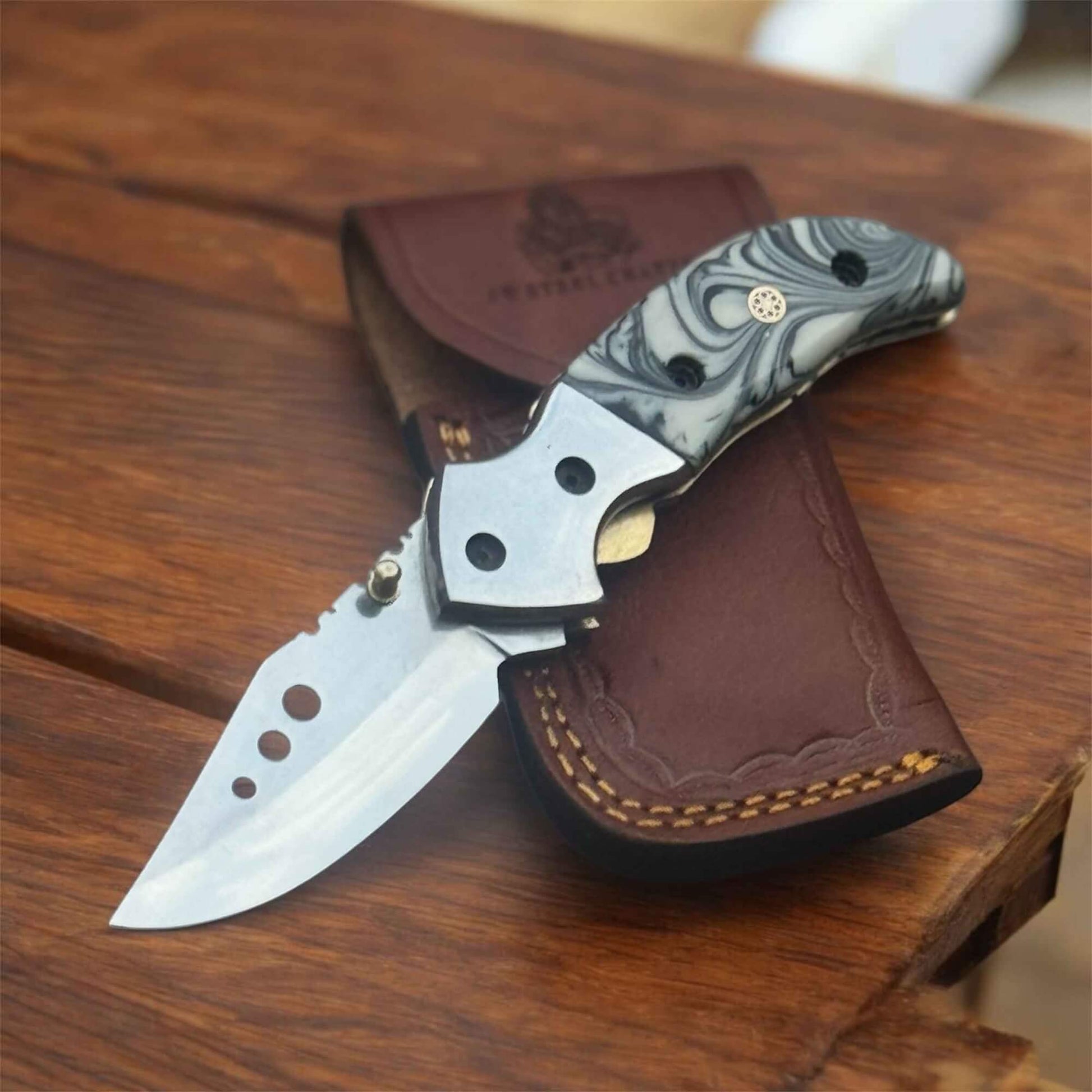 Marble Resin Handle Folding Pocket Knife w/ Leather Sheath | JW SteelCrafts handmade Folding Knives by JW SteelCrafts