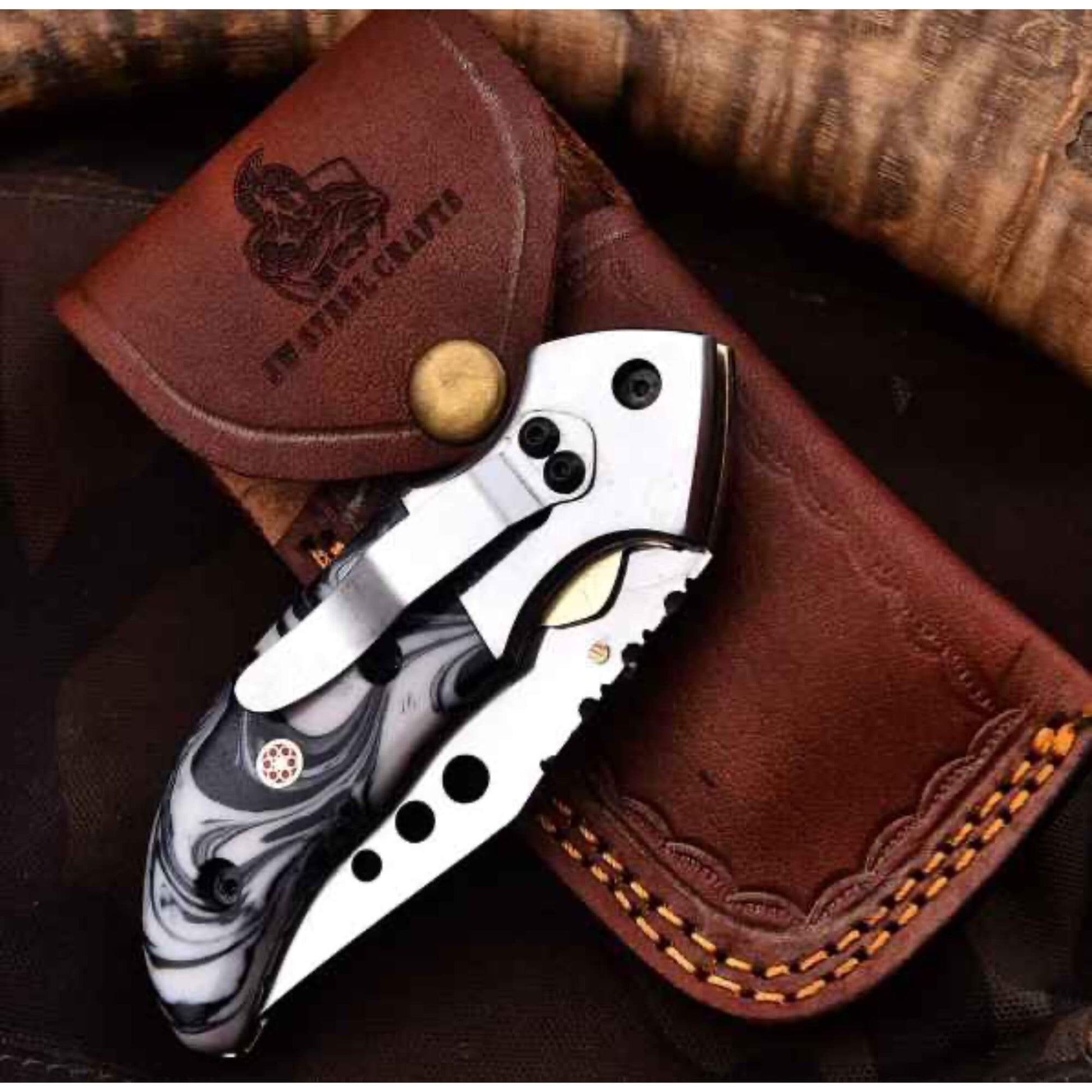 Marble Resin Handle Folding Pocket Knife w/ Leather Sheath | JW SteelCrafts handmade Folding Knives by JW SteelCrafts