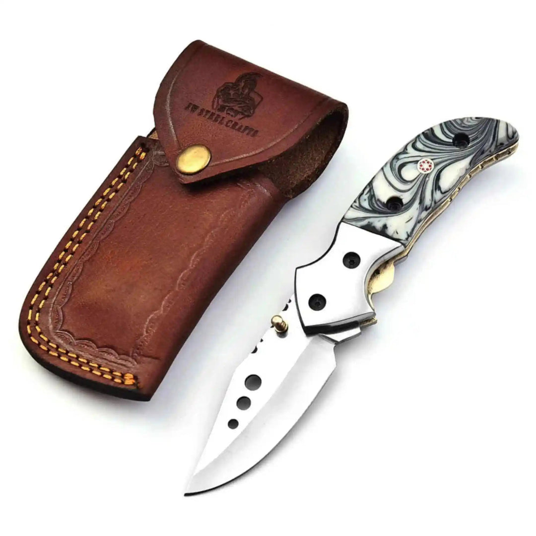 Marble Resin Handle Folding Pocket Knife w/ Leather Sheath | JW SteelCrafts handmade Liner Lock Folder by JW SteelCrafts
