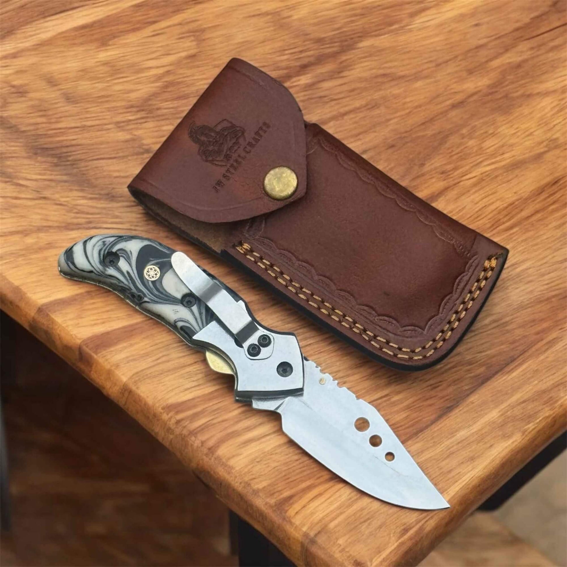 Marble Resin Handle Folding Pocket Knife w/ Leather Sheath | JW SteelCrafts handmade Folding Knives by JW SteelCrafts