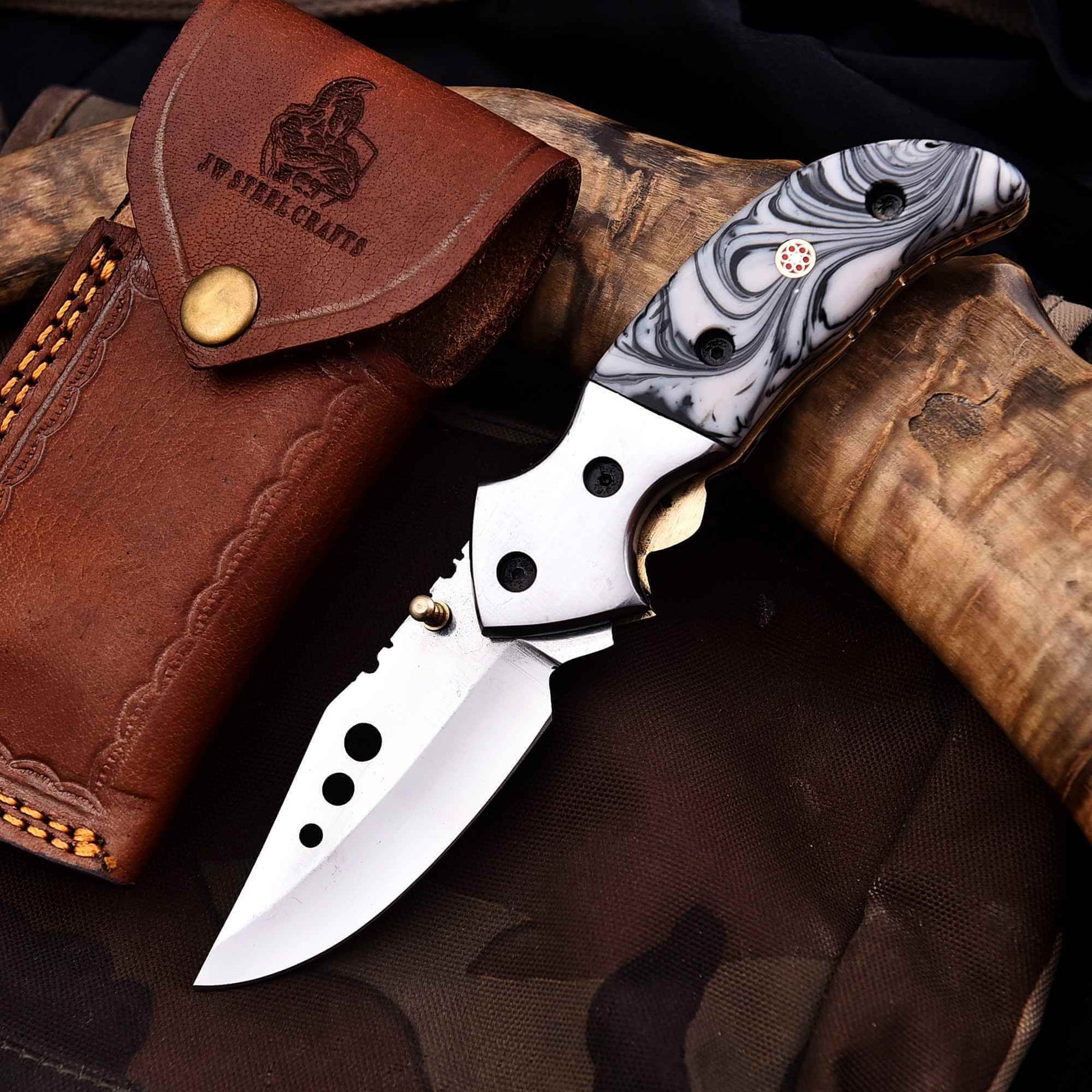 Marble Resin Handle Folding Pocket Knife w/ Leather Sheath | JW SteelCrafts handmade Folding Knives by JW SteelCrafts