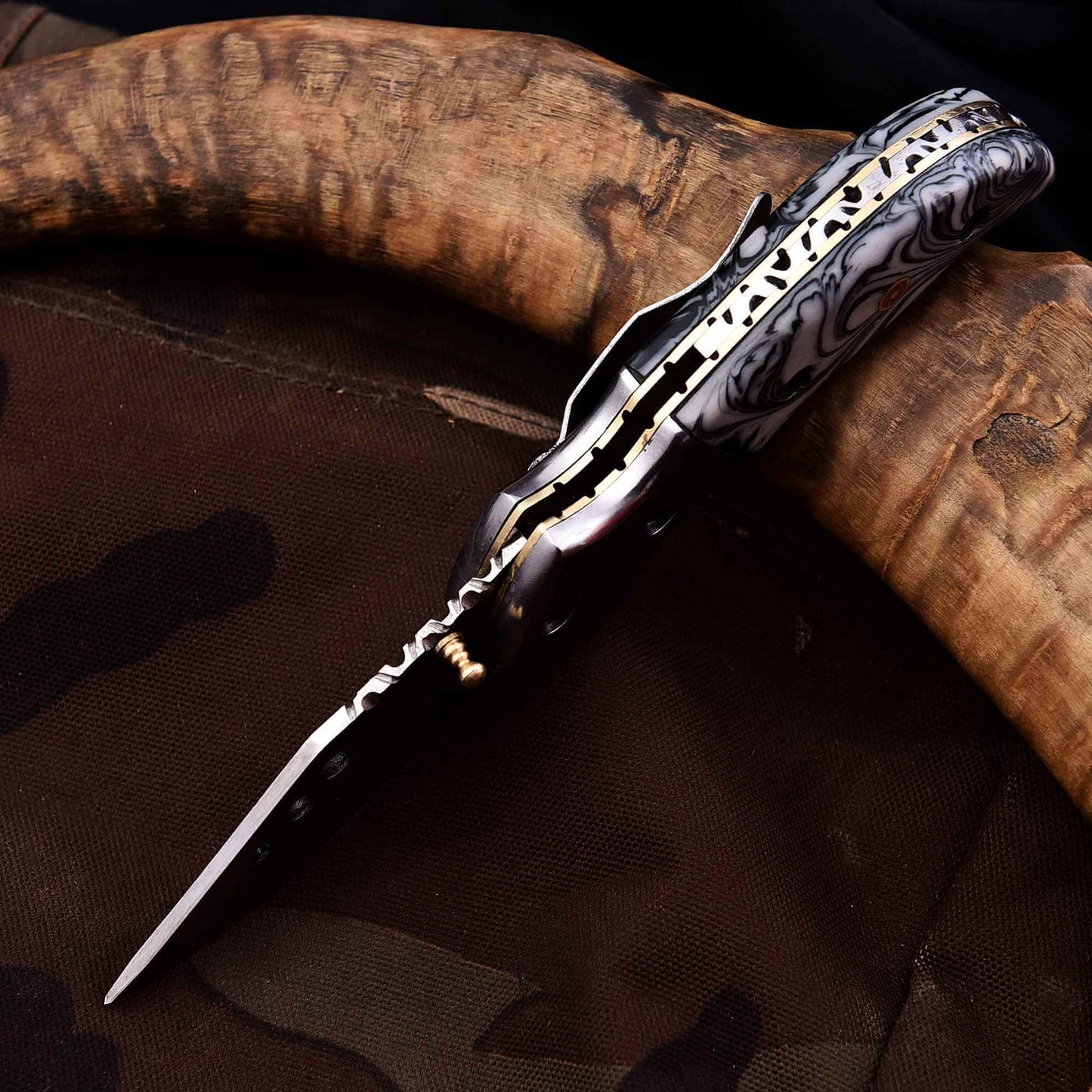 Marble Resin Handle Folding Pocket Knife w/ Leather Sheath | JW SteelCrafts handmade Folding Knives by JW SteelCrafts