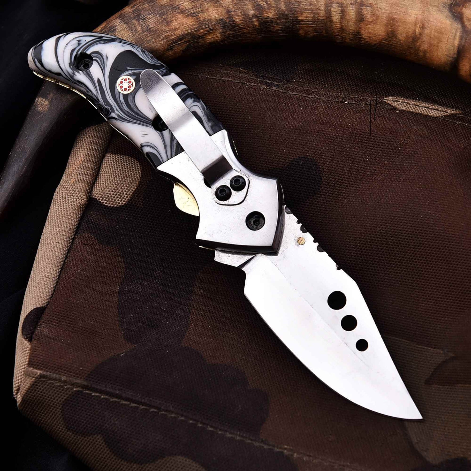 Marble Resin Handle Folding Pocket Knife w/ Leather Sheath | JW SteelCrafts handmade Folding Knives by JW SteelCrafts