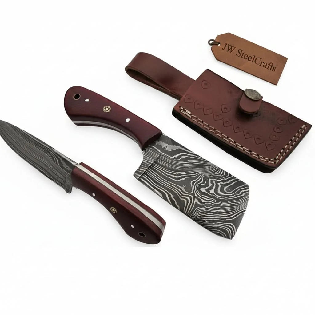 Sleek Damascus skinner blade layout with matching maroon grips on white background