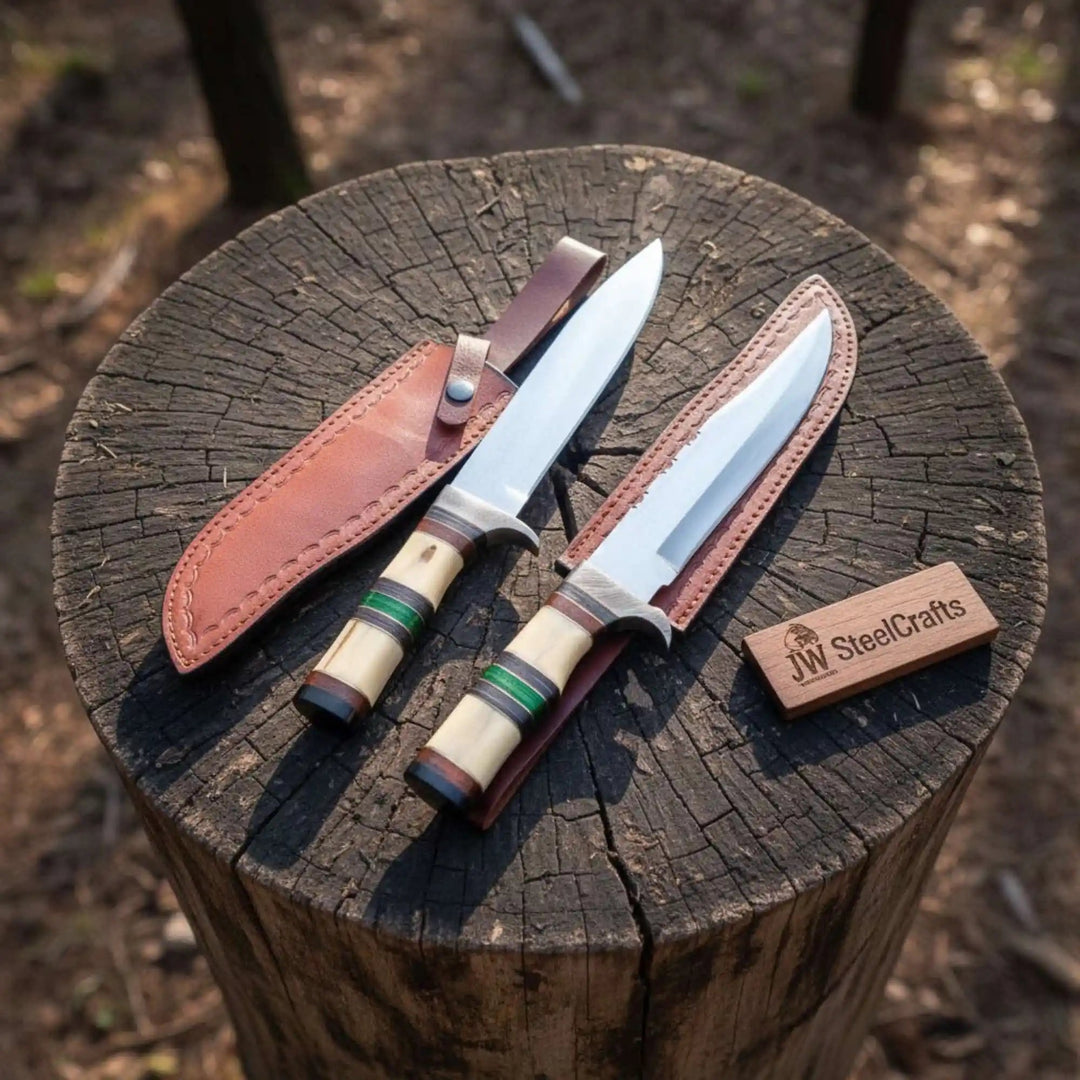    Dual fixed blade camp knives with polished steel blades and handcrafted leather sheaths