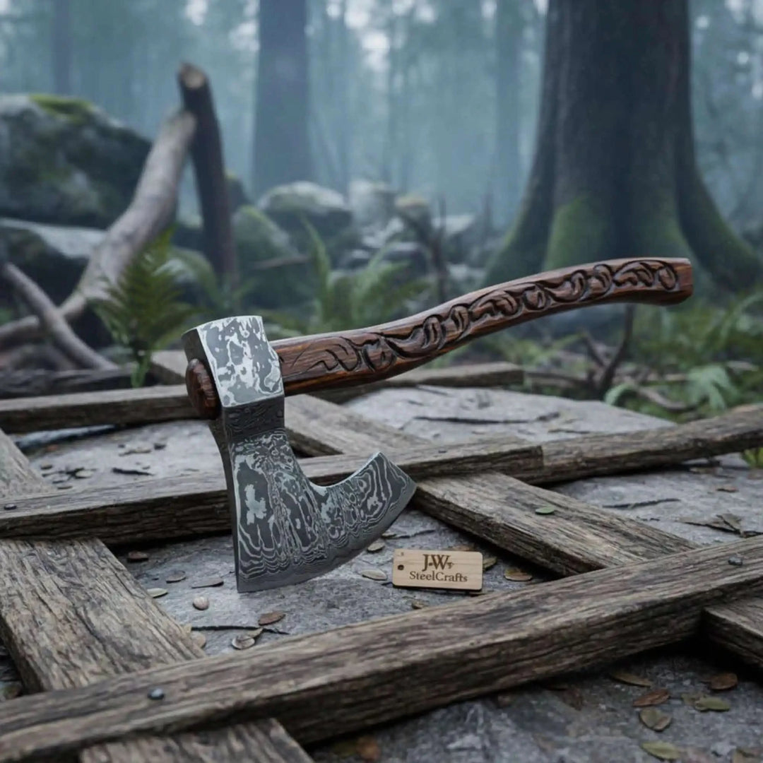 Traditional Woodsman’s Bearded Axe, Hand - Carved Hardwood Handle, Pattern Steel Edge handmade Handmade Axe
